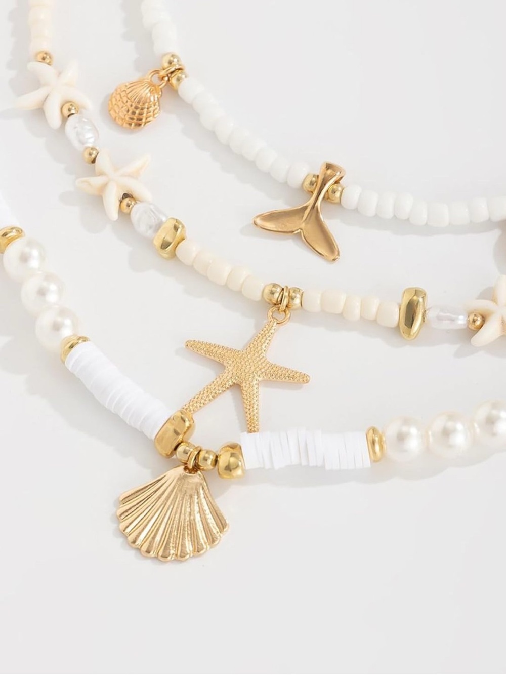 Gold Shell & Starfish Layered White Beaded Necklaces and Bracelets Set - Picture 5 of 6